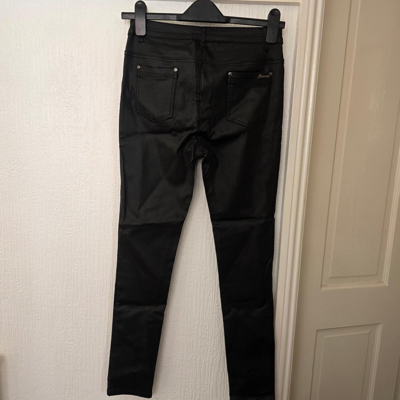 LilyLulu Black Coated High Waisted Stretch Black Skinny Jeans Trousers, Size L