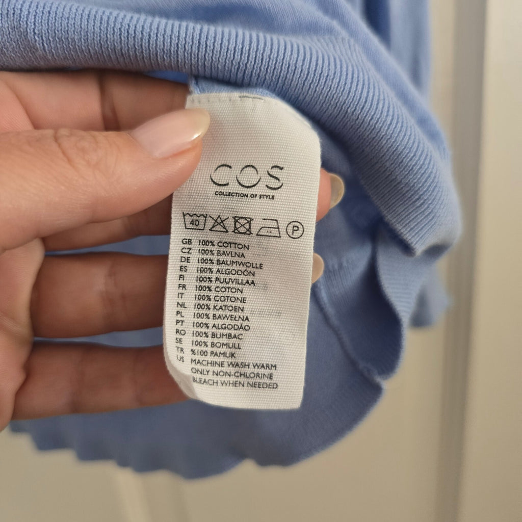 COS Light Blue Cotton Button-Up Cardigan with Drawstring Collar Size L, relaxed