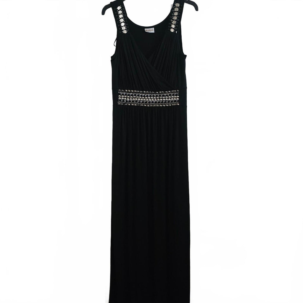 Roman Originals Black Jersey Wrap front boho Embellished Maxi Dress, size M