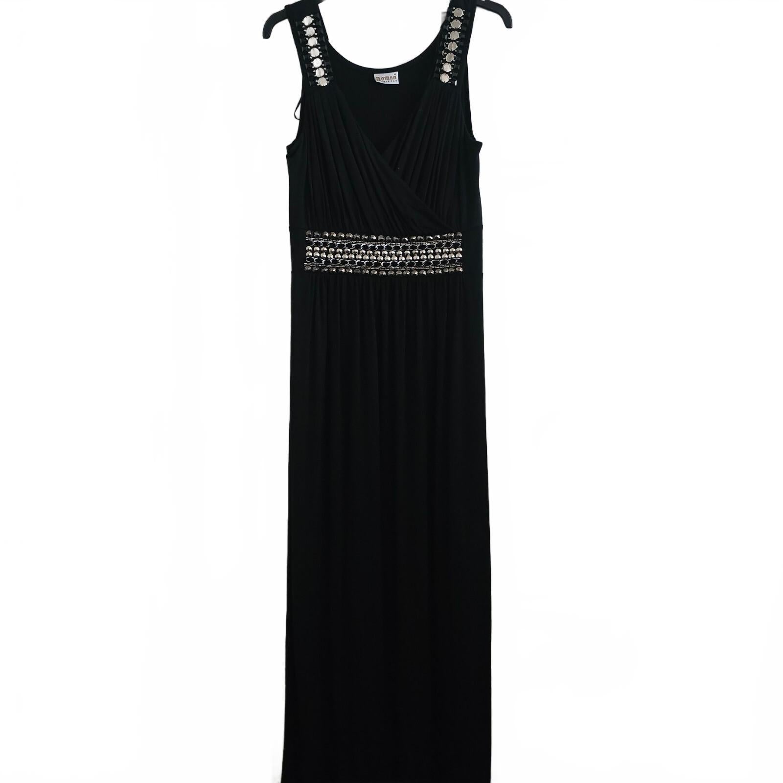 Roman Originals Black Jersey Wrap front boho Embellished Maxi Dress, size M