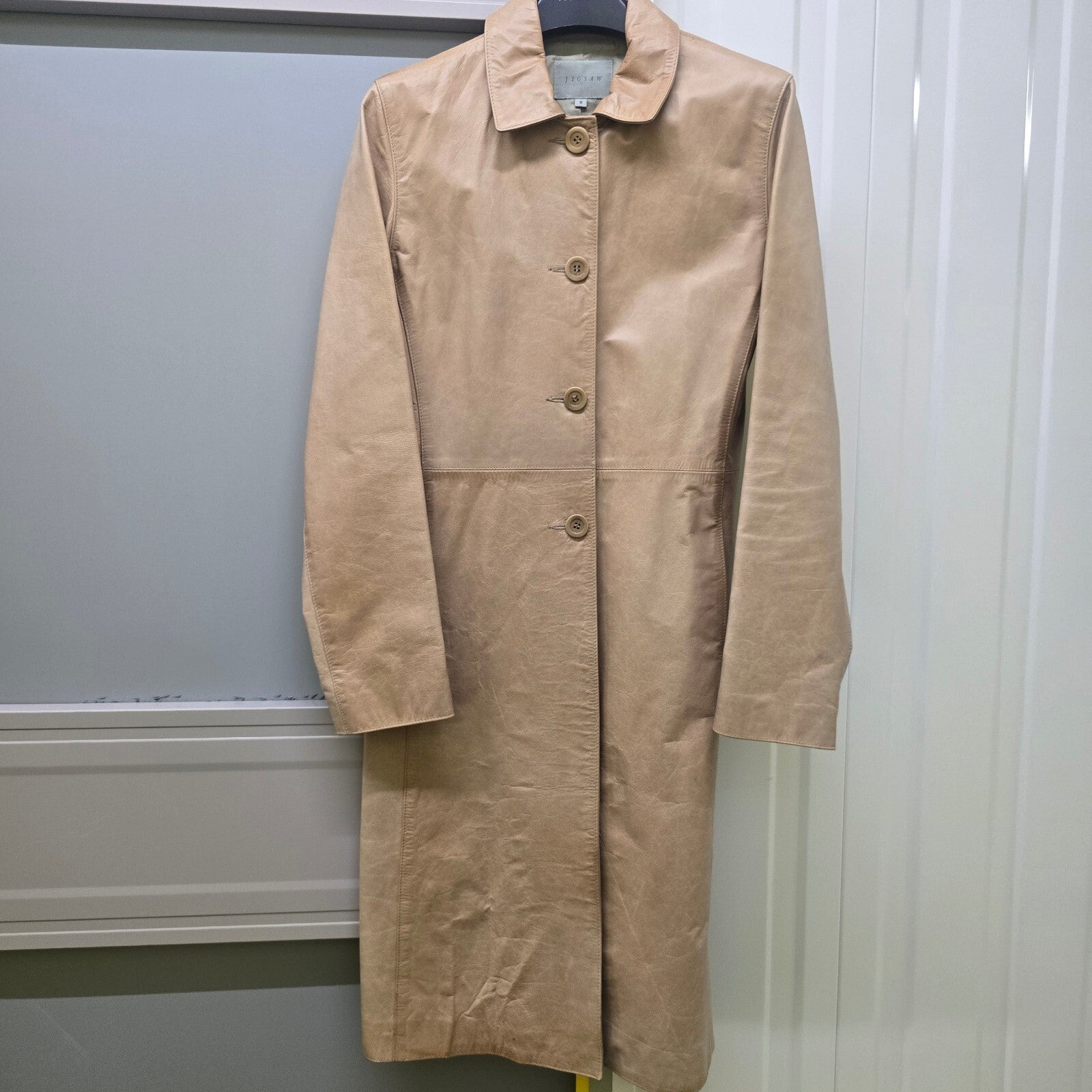 Jigsaw Vintage Beige 100% Leather Long Coat with Lining, size 8