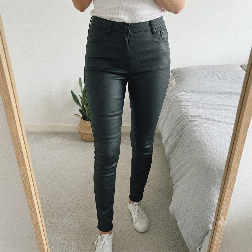 LilyLulu Black Coated High Waisted Stretch Black Skinny Jeans Trousers, Size L