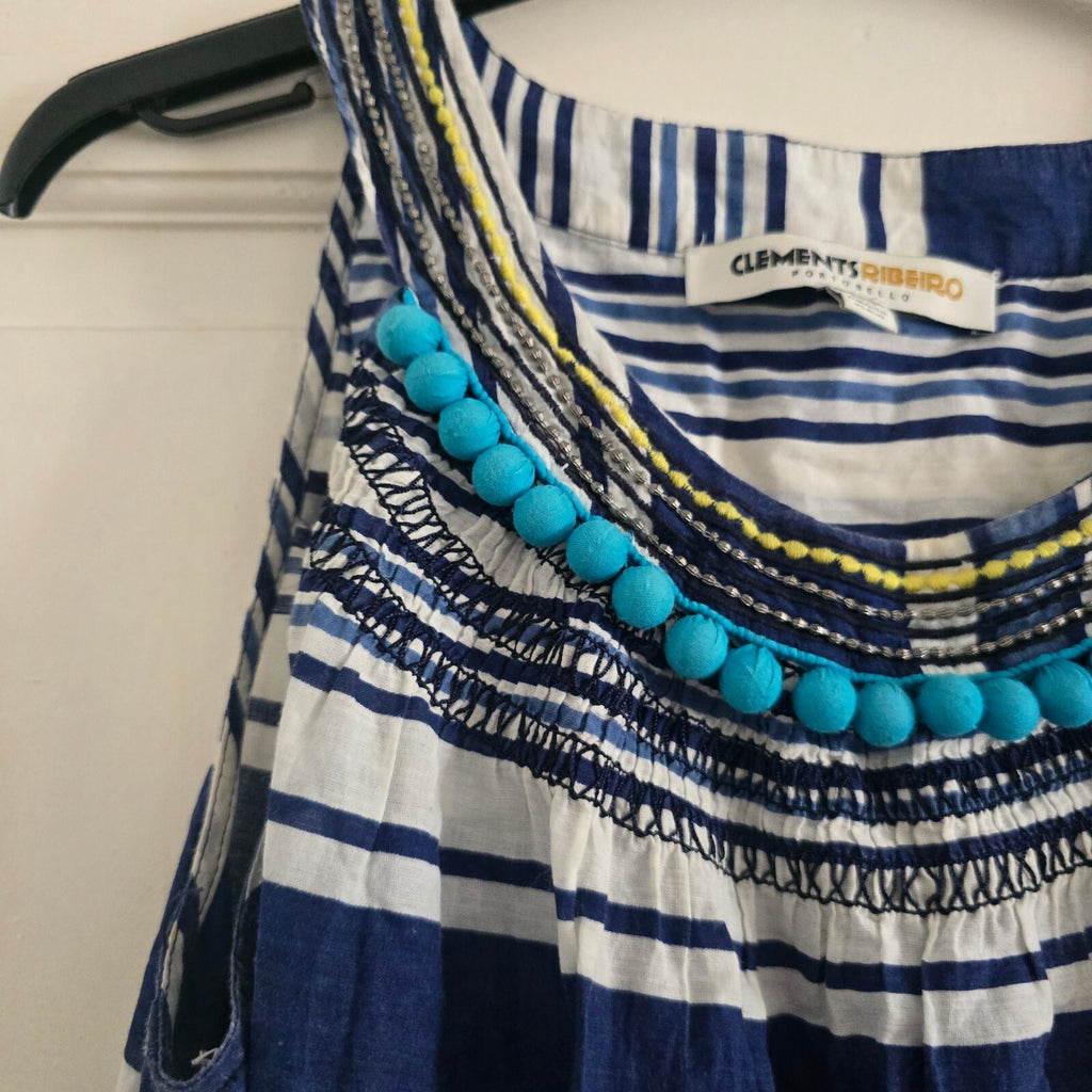 Clements Ribeiro Striped Cotton Dress with Beaded Neckline, Size UK 14
