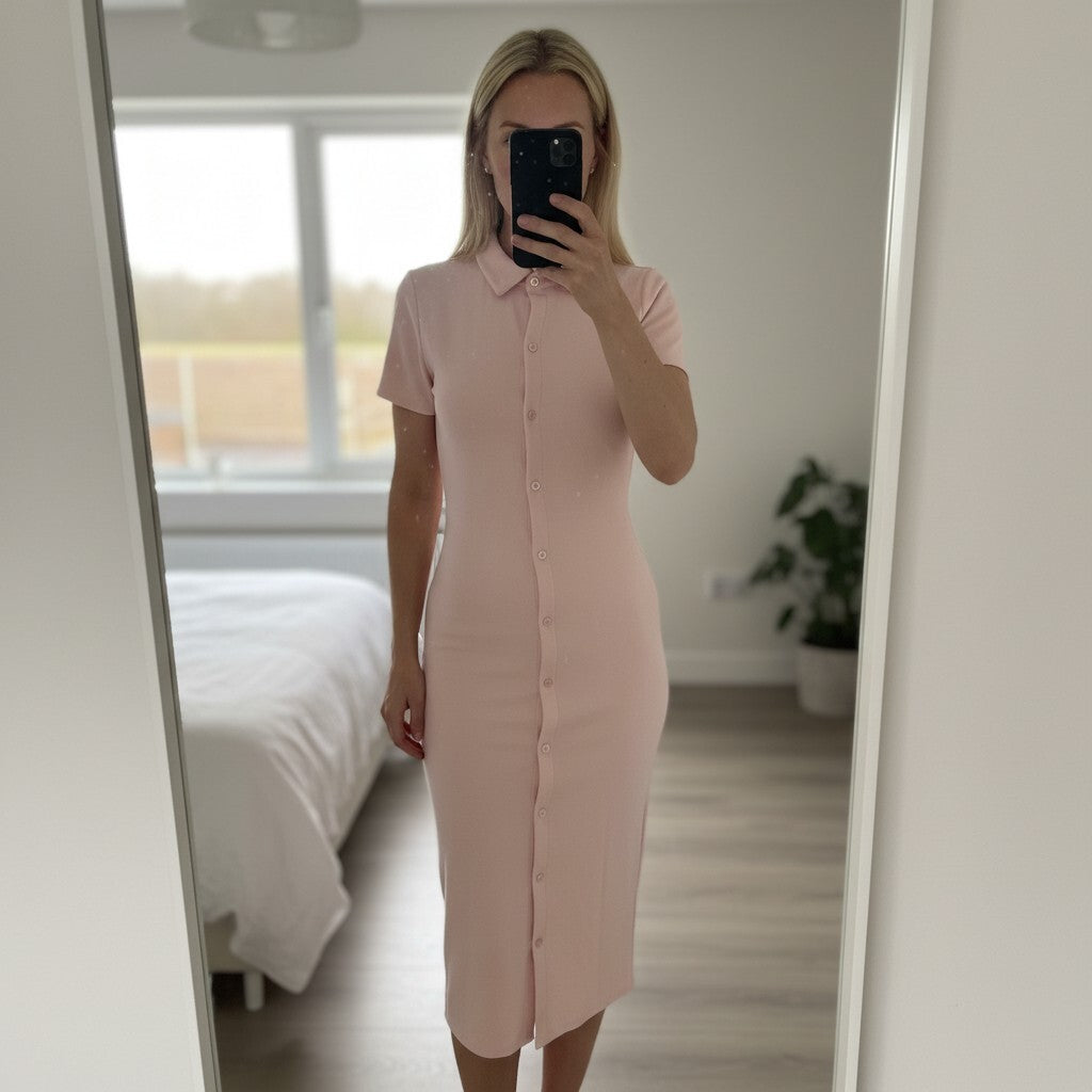 I Saw It First Pink Button-Down Midi Polo Dress with Short Sleeves and Collar 10