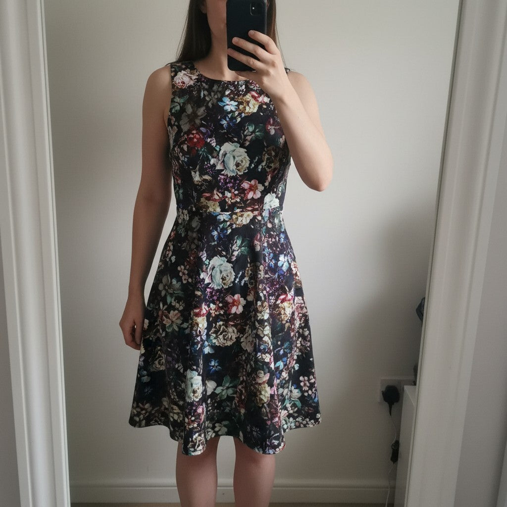 Warehouse Floral Sleeveless Dress UK 12, fit and flare, wedding guest, mini