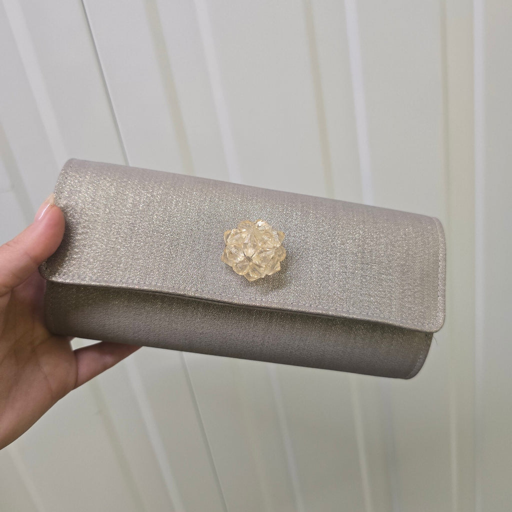 L.K. Bennett Silver Evening Clutch with Floral Crystal Clasp, Vintage Rare