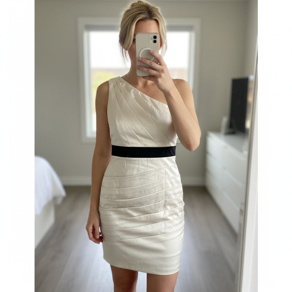 Lipsy silver grey satin one shoulder mini dress, side zip, pintuck detail, BNWOT