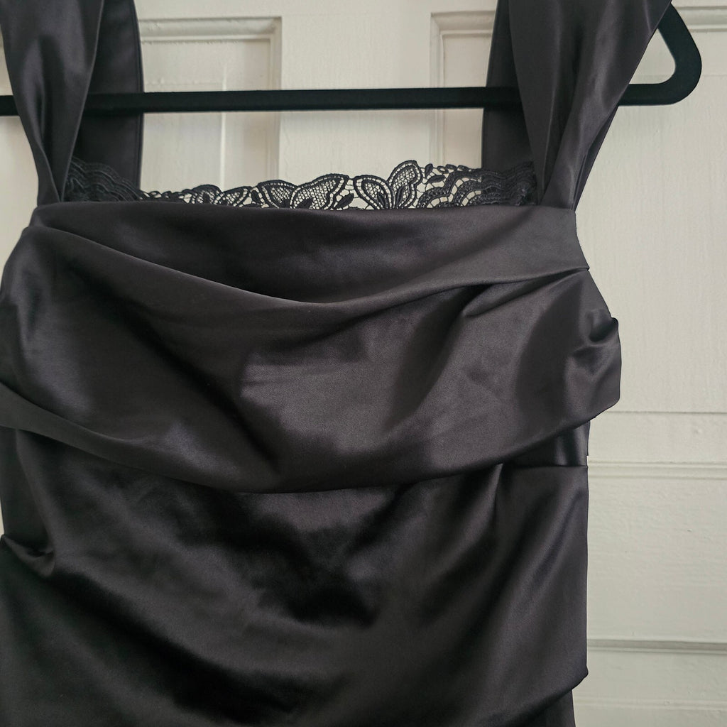 Louis Chin Madgay Boutique Black Satin Ruched Party Midi Dress UK8 glam cocktail