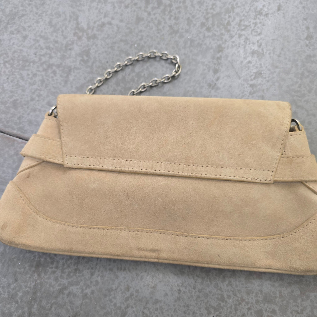 L.K. Bennett Beige Suede Chain Shoulder Baguette Bag Vintage Rare