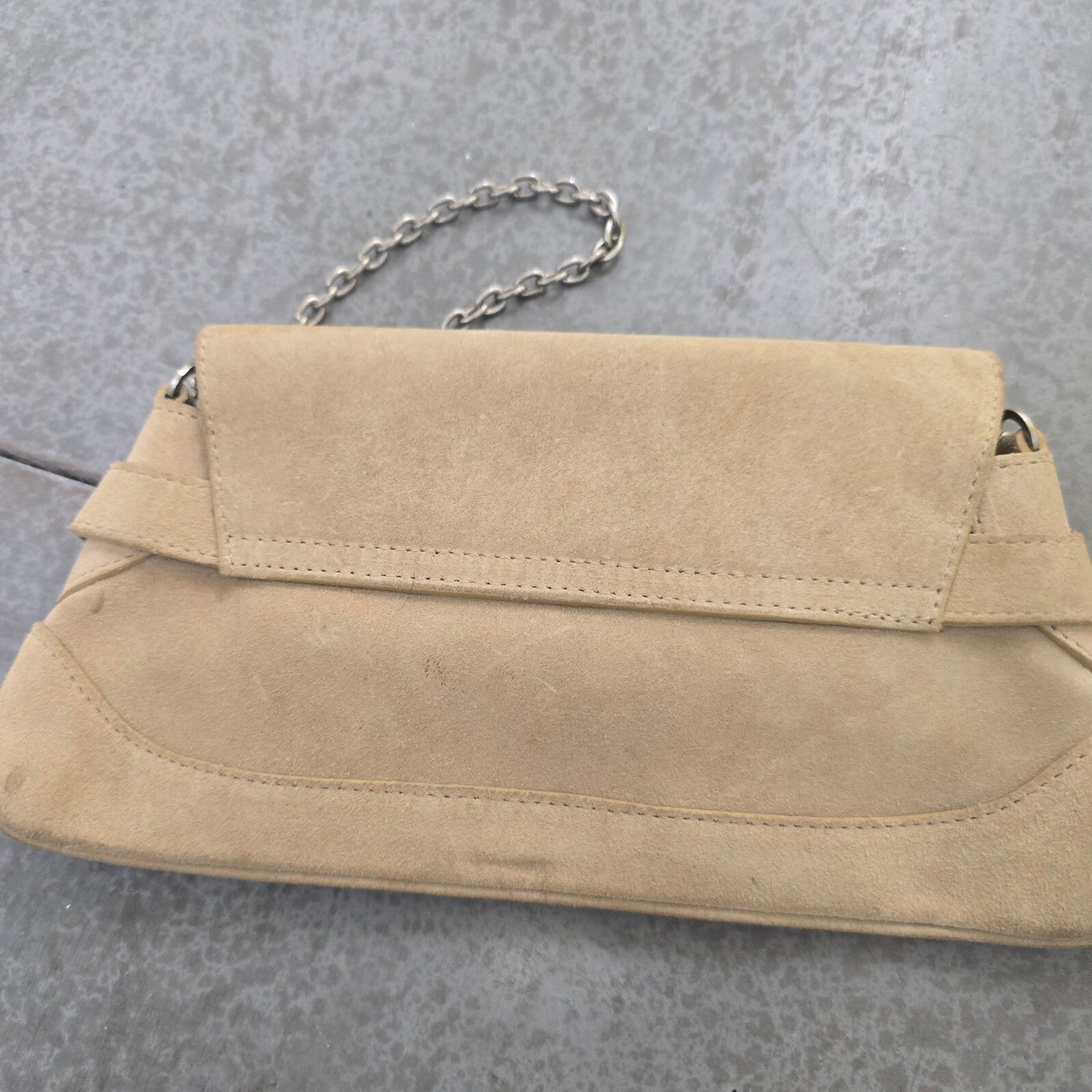 L.K. Bennett Beige Suede Chain Shoulder Baguette Bag Vintage Rare