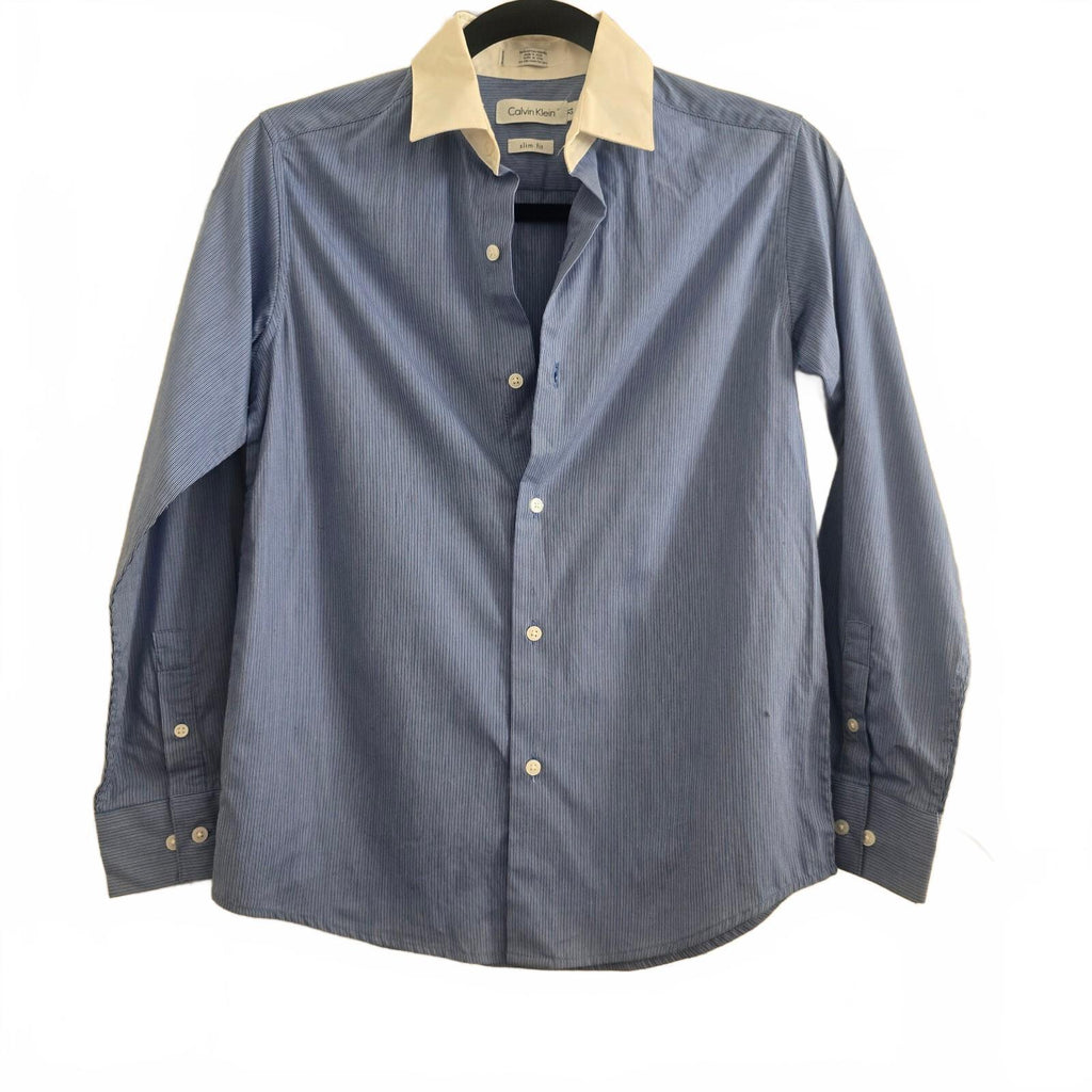 Calvin Klein Slim Fit Blue Pinstripe and White Cotton Slim Fit Shirt, 12, BNWT