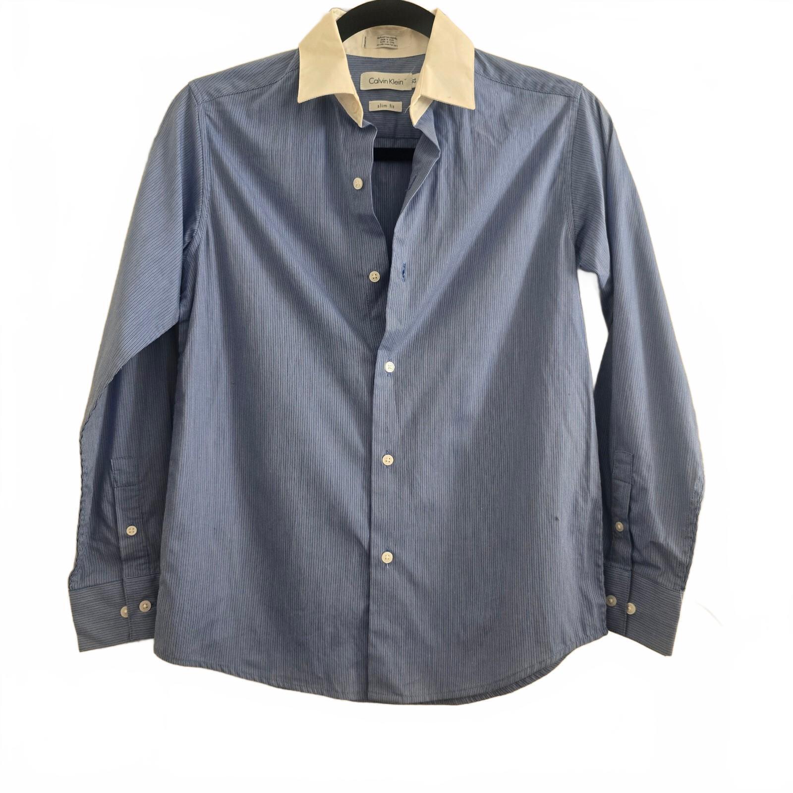 Calvin Klein Slim Fit Blue Pinstripe and White Cotton Slim Fit Shirt, 12, BNWT