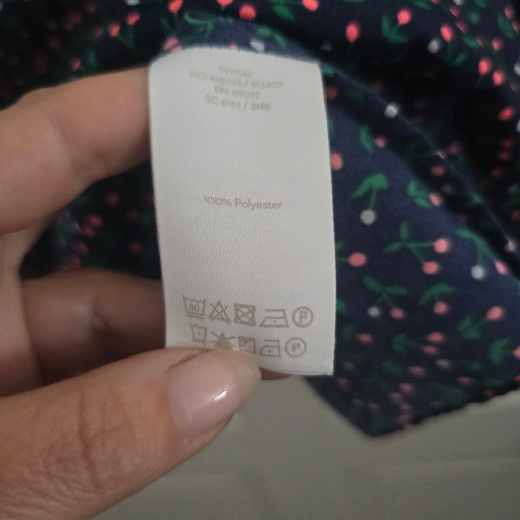 Boden Cynthia Navy spotty cherry print lightweight ruffle hem mini dress, 14P