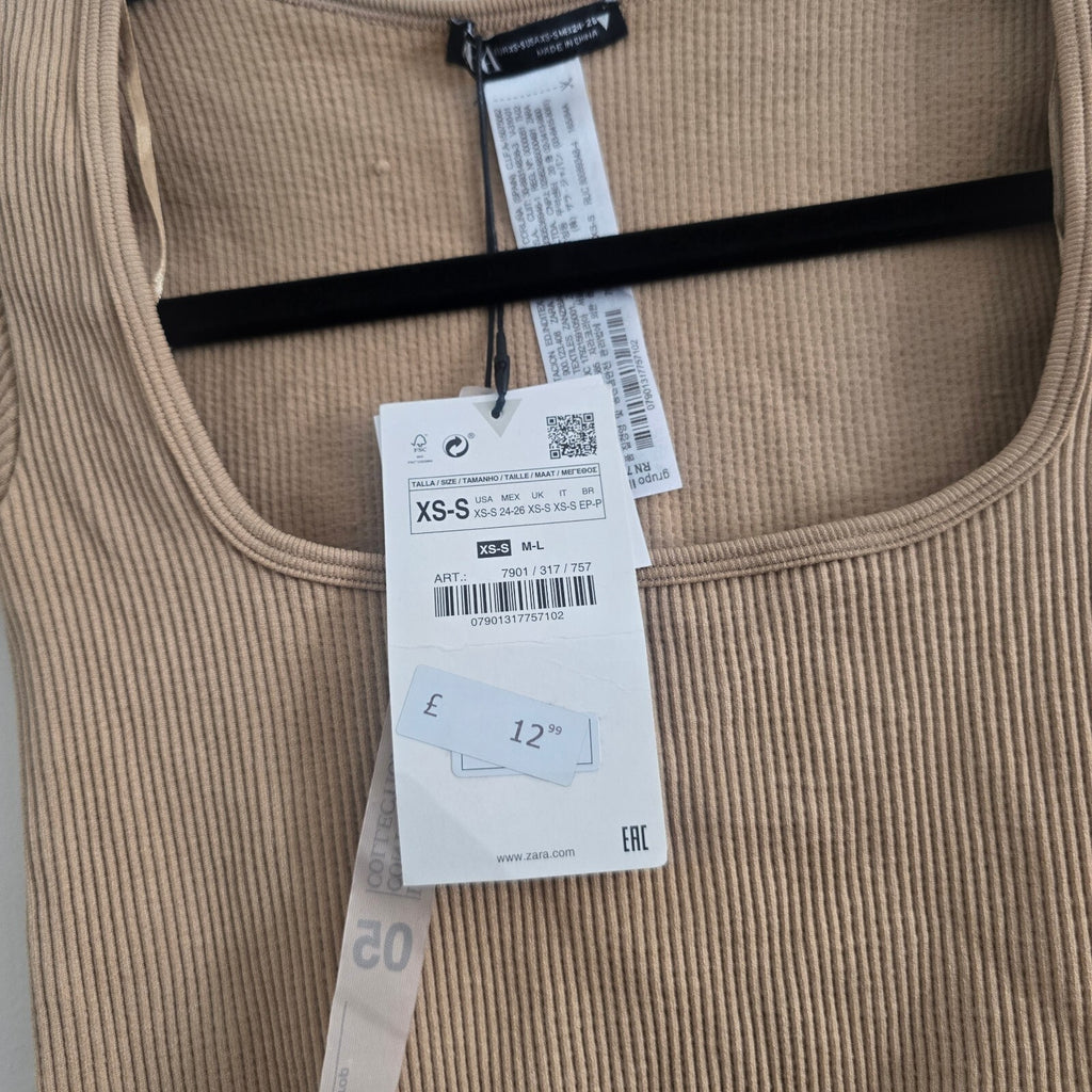 Zara Ribbed Beige Crop Top XS-S, square neck, basic, capsule wardrobe BNWT
