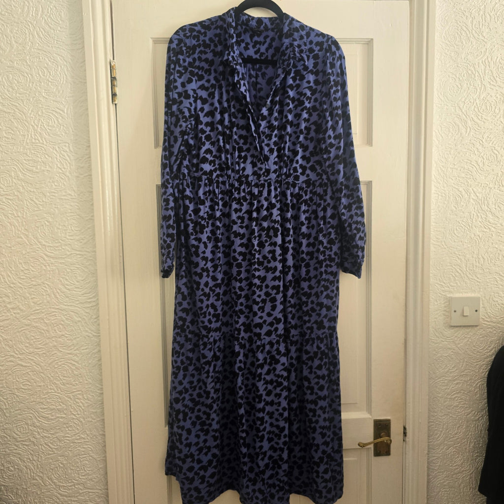 John Lewis Blue and Black Animal Print Long Sleeve Midi Shirt Dress Size 14