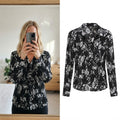 TU Black and White Floral Pleated, Plisse Long Sleeve Shirt Blouse Size 10