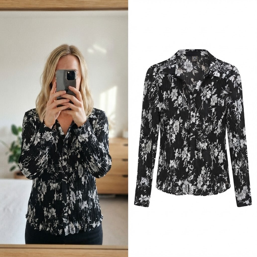 TU Black and White Floral Pleated, Plisse Long Sleeve Shirt Blouse Size 10