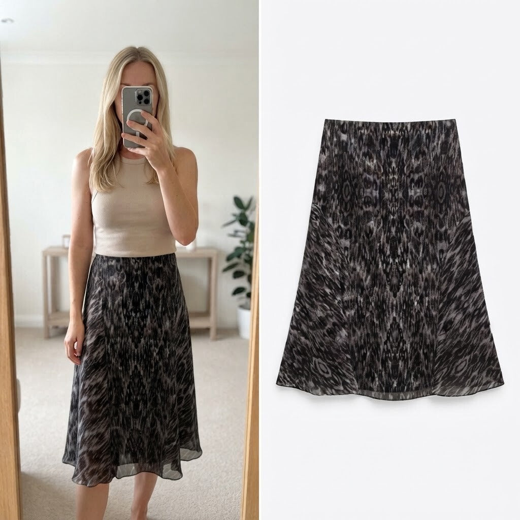 M&S Classic UK 14 Printed A-Line Skirt, animal print, layered, vintage