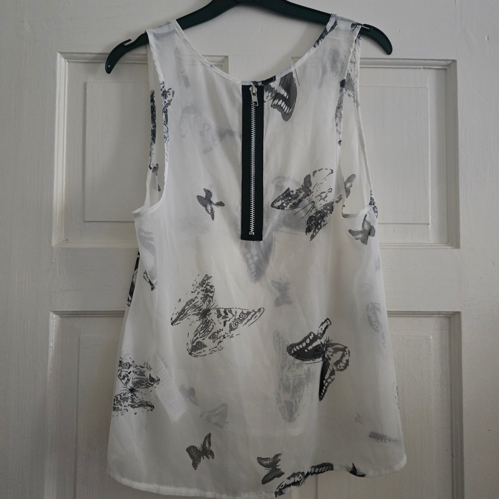Cameo Rose UK8 EU36 White Butterfly Print Sleeveless Top, lightweight, sheer
