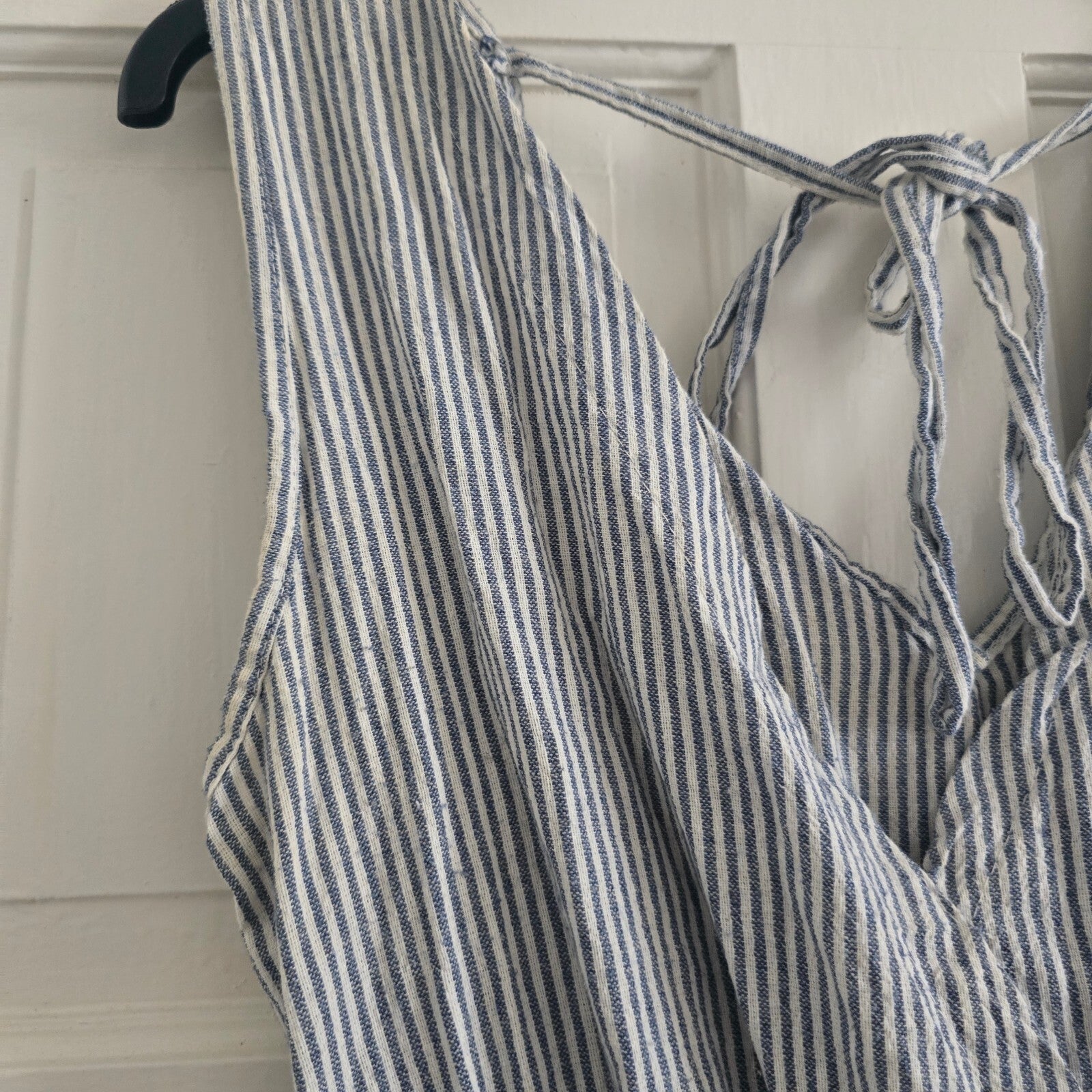 T.G.I.L. Blue and White Striped Sleeveless Romper, size S, linen mix, pockets