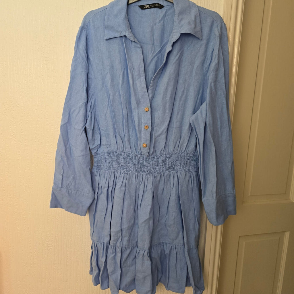 Zara Light Blue Linen Viscose Blend Shirt Dress with Button Detail, Collar, XL