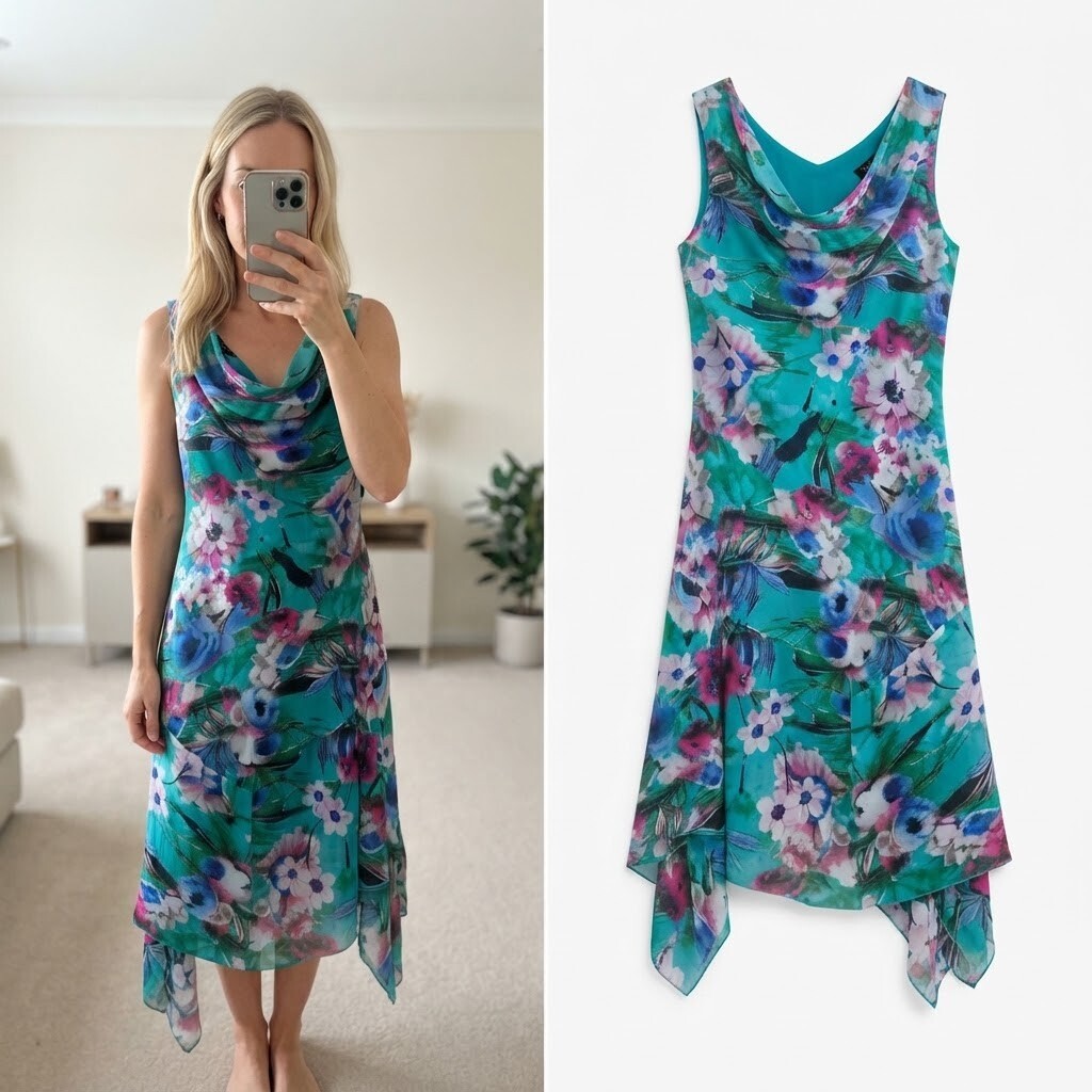 Stella Morgan Floral Sleeveless Dress Size 12, cowl neck, ruffle hem, wedding