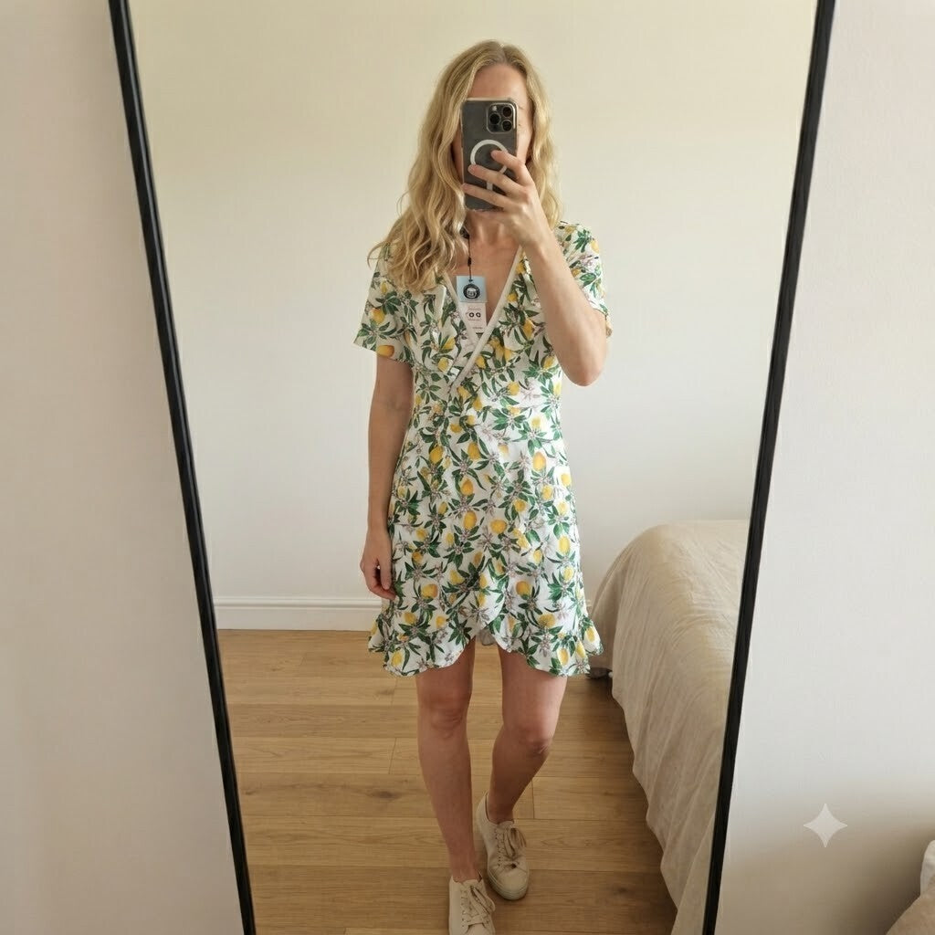 Lasula boutique lemon print mini dress, wrap style, ruffle detail, BNWT size 6