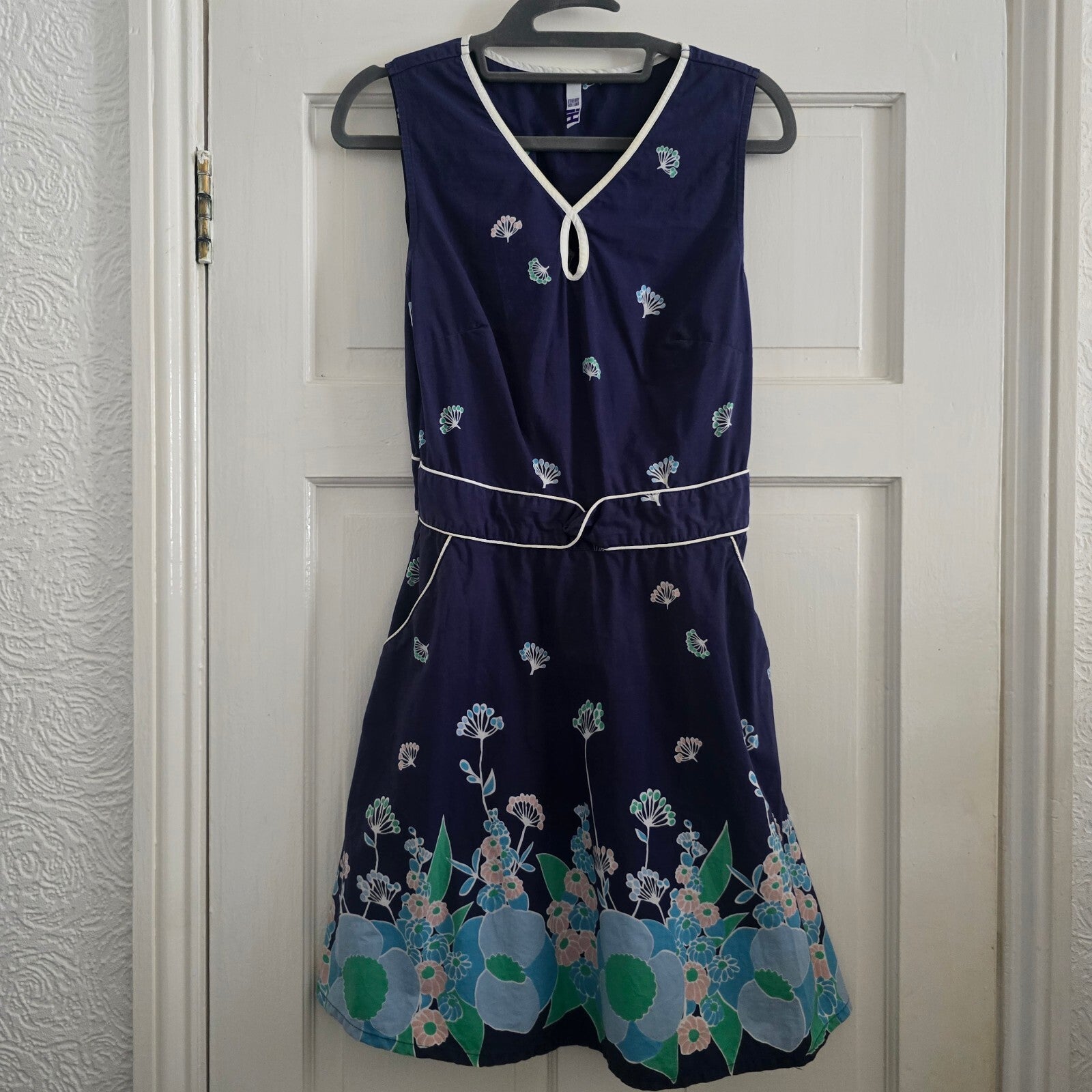 By Henry Holland Navy Blue Floral Cotton Dress Size 12, retro, festival, rare
