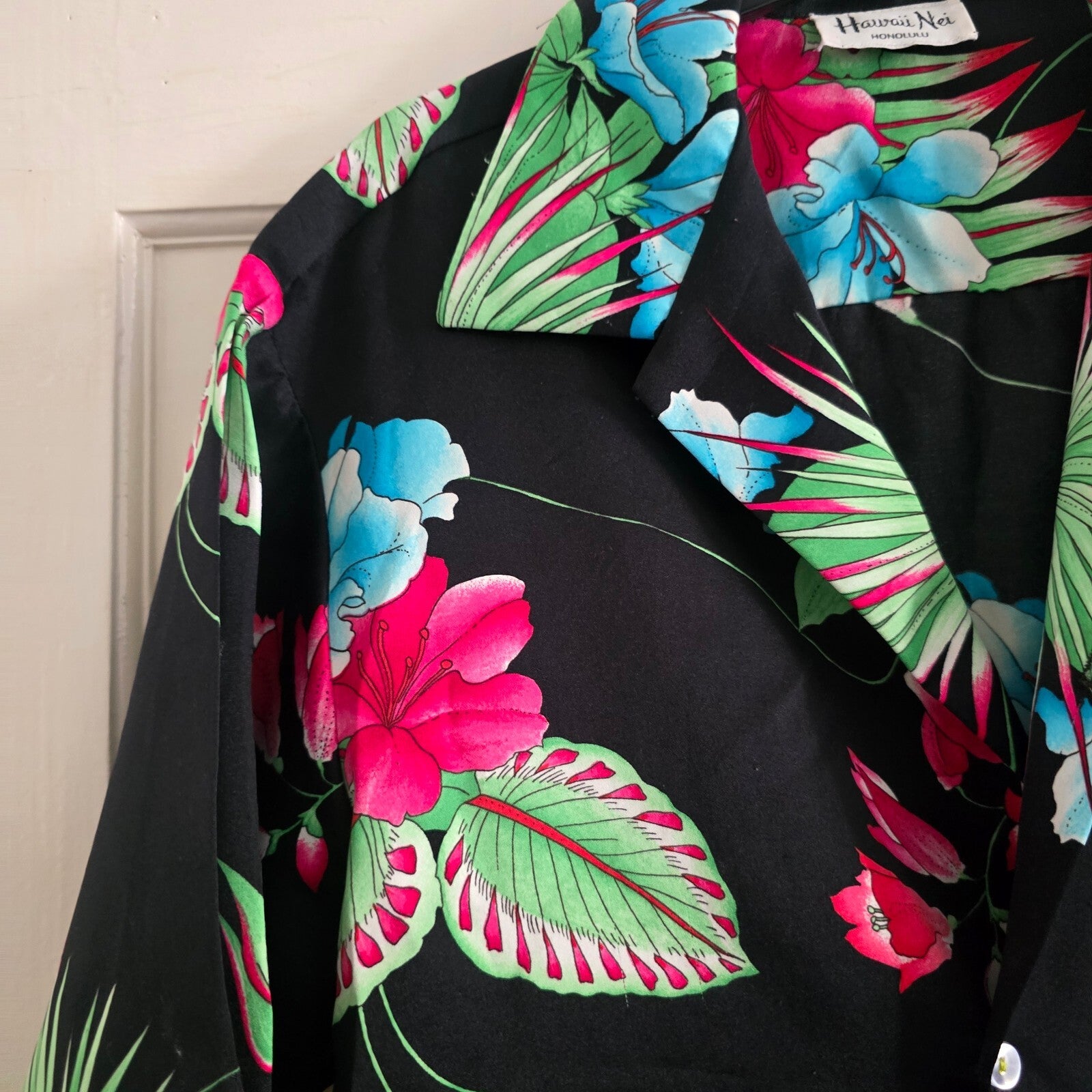 Hawaii Nei Vintage Floral Hawaiian Shirt Black with Pink and Blue Flowers, satin