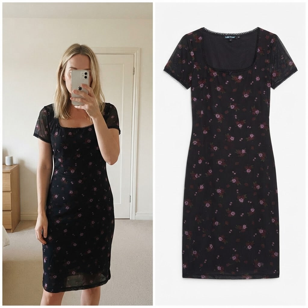 Daisy Street Black Floral Mesh Midi Dress UK 10, summer, festival, holiday boho