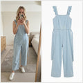 New Look Denim Light Blue Ruffle Strap Jumpsuit UK Size 8, wide cropped leg