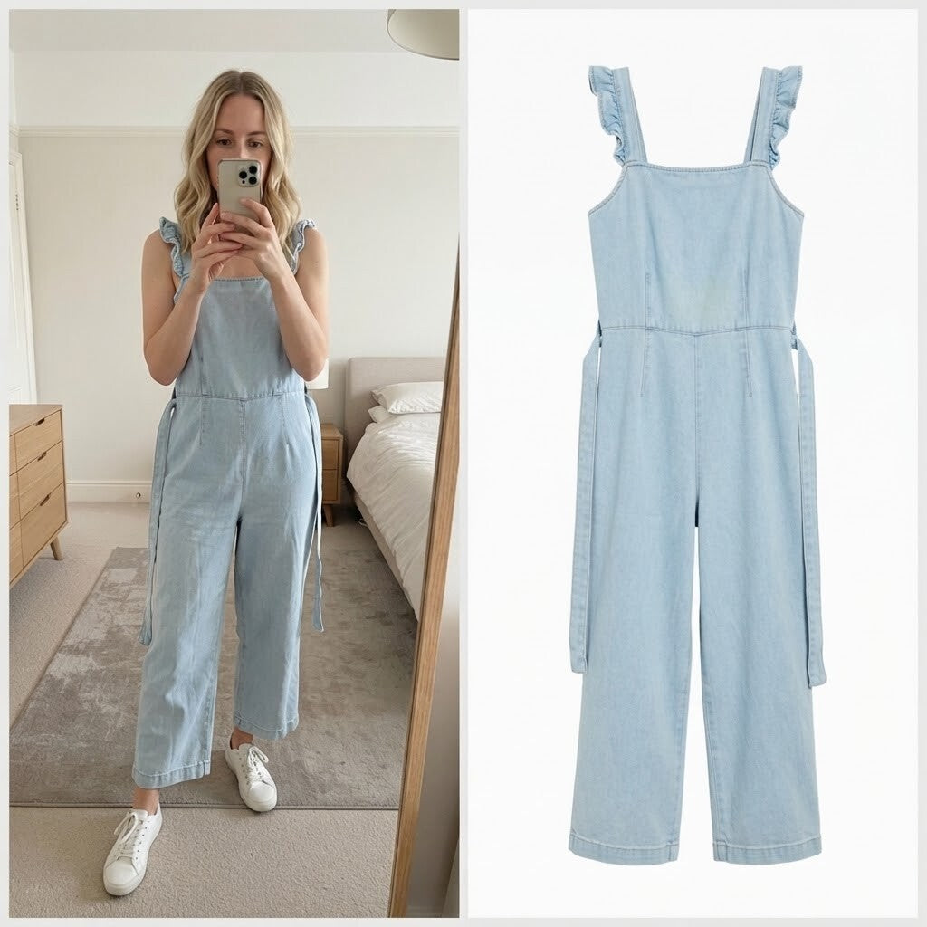 New Look Denim Light Blue Ruffle Strap Jumpsuit UK Size 8, wide cropped leg