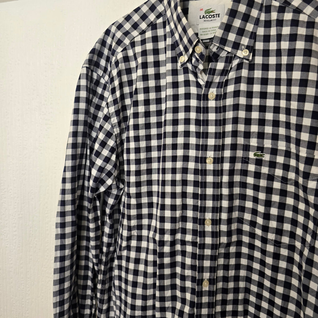 Lacoste Men's Navy and White Check Cotton Button-Down Shirt Size 38