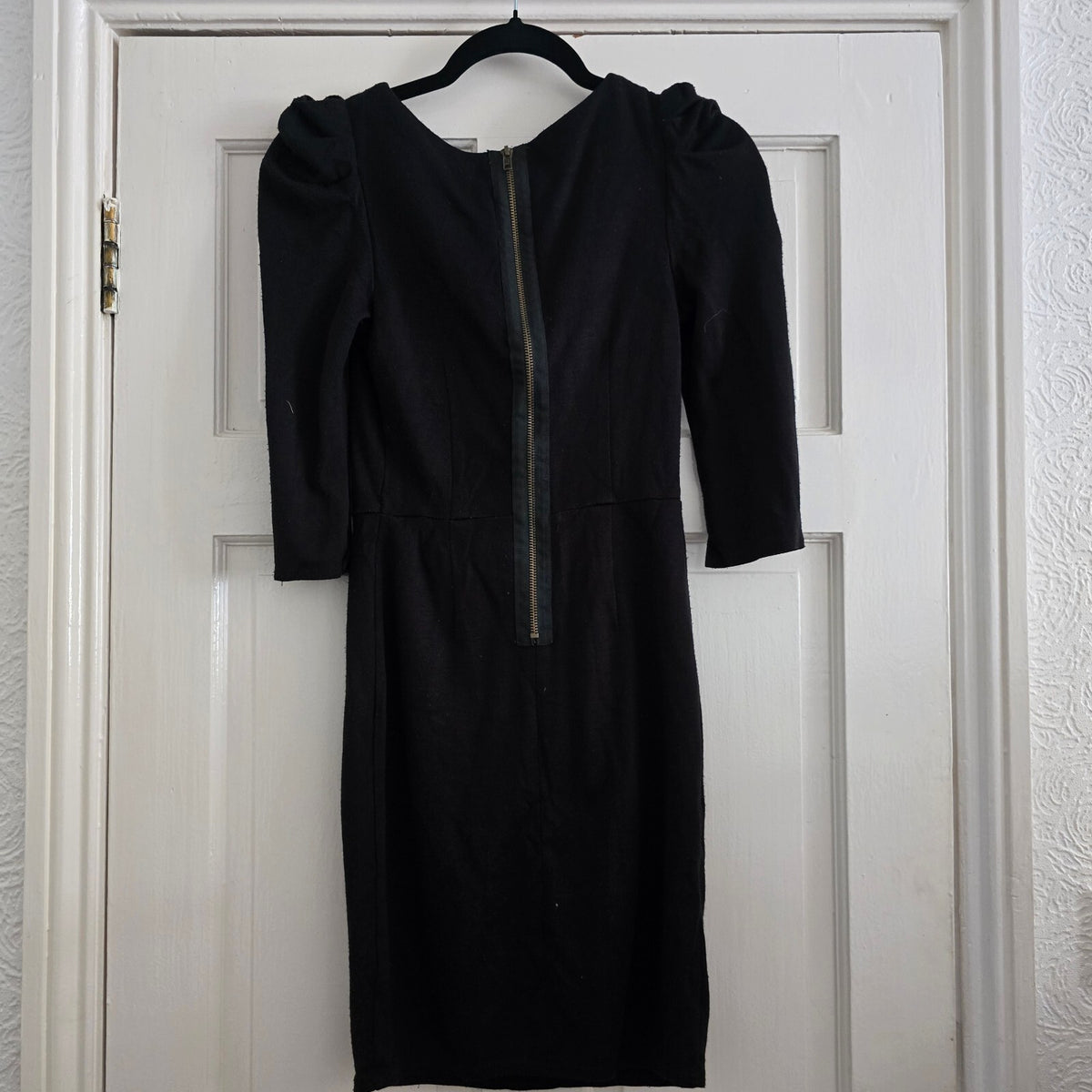 Topshop Black Puff Sleeve Midi Dress with Back Zipper, Size UK 8, vintage