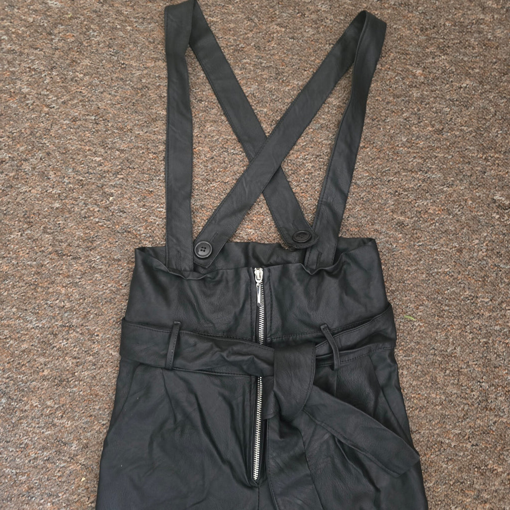 Little Madam Black Faux Leather Dungaree Overalls, Size S, high waisted stretch