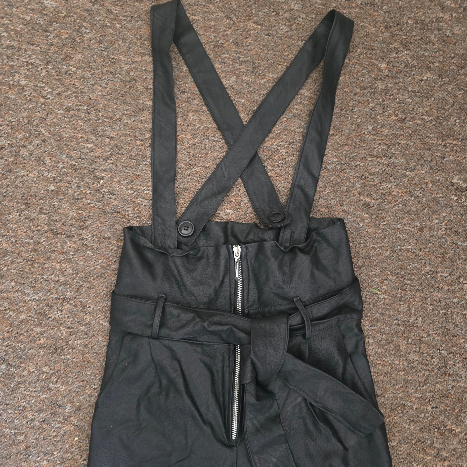 Little Madam Black Faux Leather Dungaree Overalls, Size S, high waisted stretch
