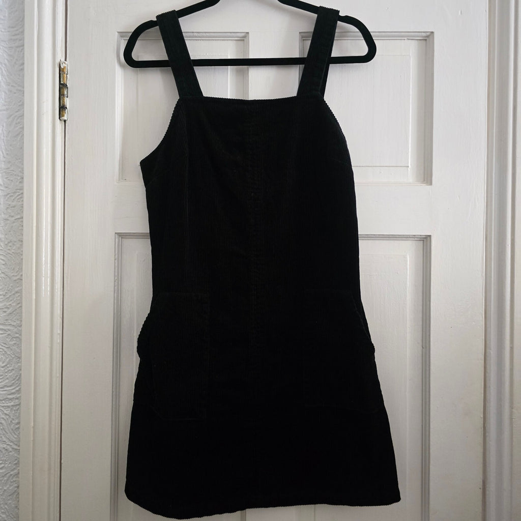 New Look Black Corduroy Pinafore Dress with Front Pockets, UK Size 10