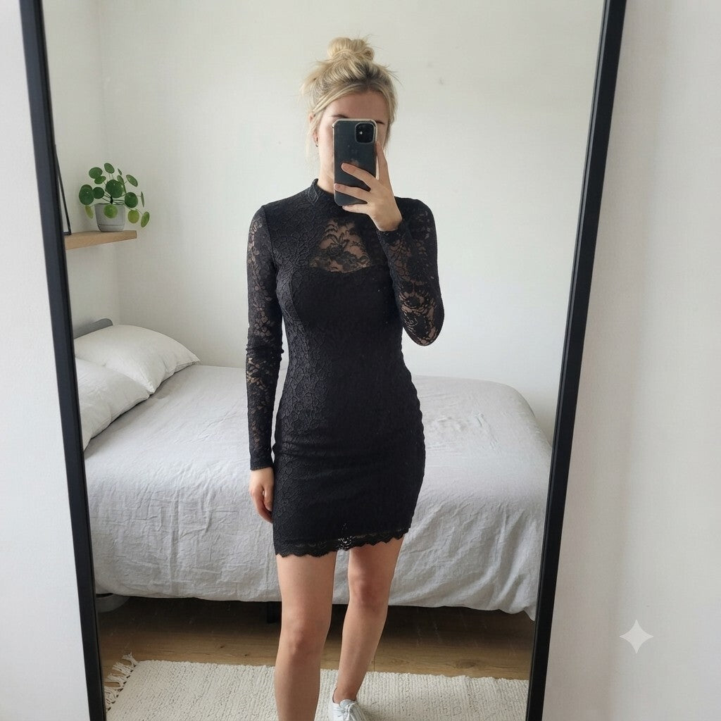 New Look Black Lace Long Sleeve Mini Bodycon Dress, cut out back, BNWT size 12