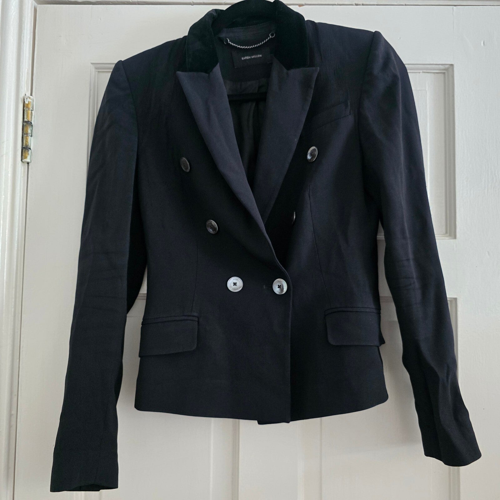 Karen Millen Black Double-Breasted Blazer Jacket UK 8, velvet collar, luxury