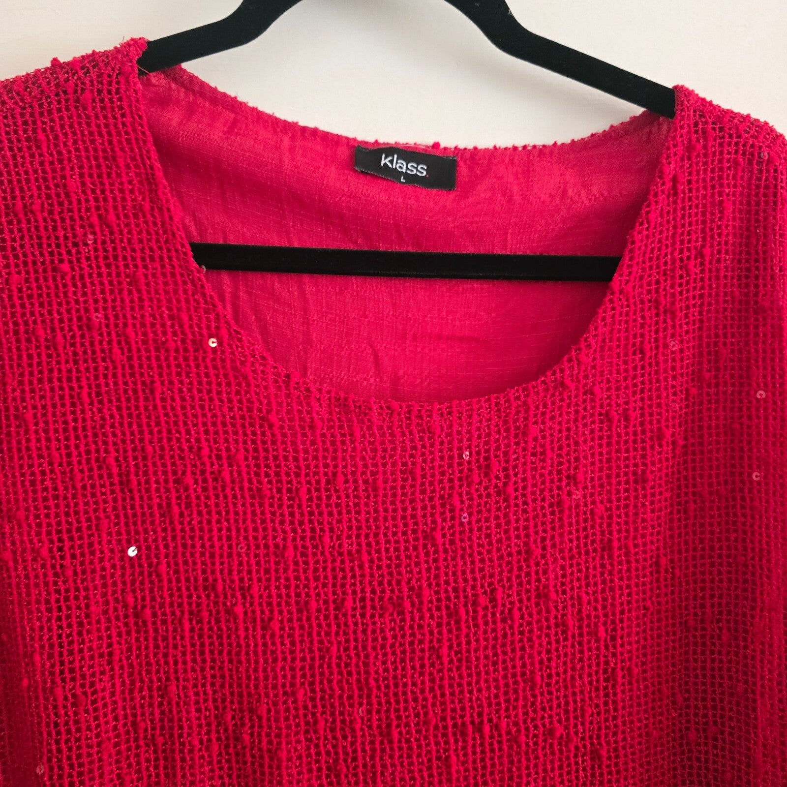 Klass Red Sequined Layered Blouse Top Relaxed Fit Size L, viscose mix