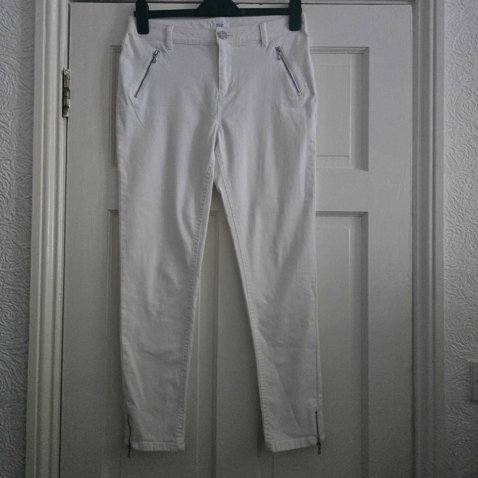 F&F White Skinny Jeans with Zip Detail UK 10, high waisted stretch skinny fit