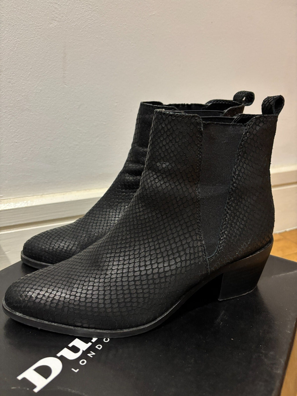 Dune London Black Reptile Print Leather Western Chelsea Boots Size 5 UK / 38 EU