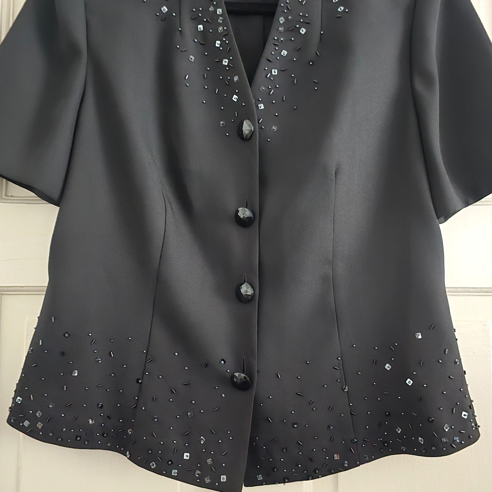 Berketex Black Short Sleeve Beaded Button Blazer Jacket UK Size 12, vintage glam