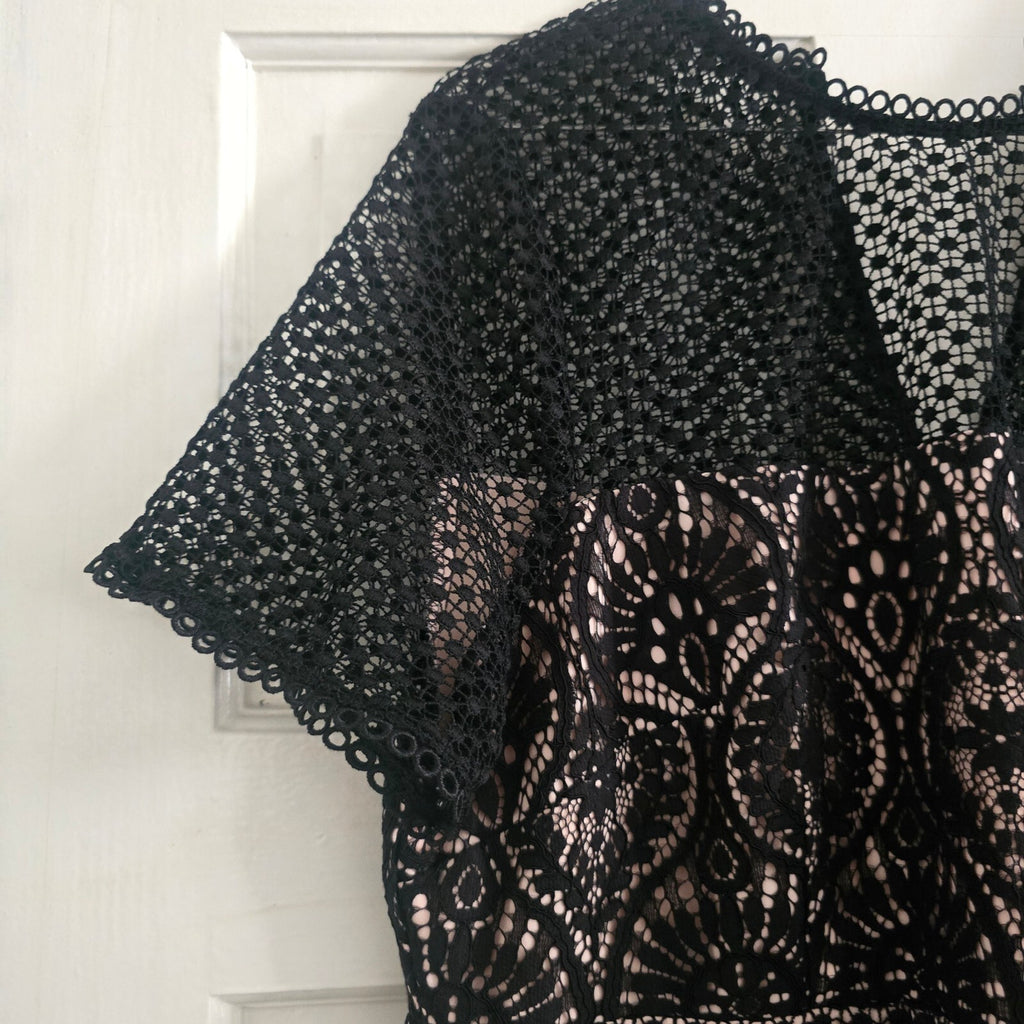 Elegant Black Lace Midi Dress with Nude Underlay and Zip Back, UK 16