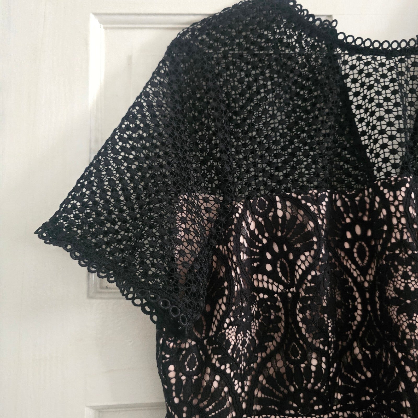 Elegant Black Lace Midi Dress with Nude Underlay and Zip Back, UK 16