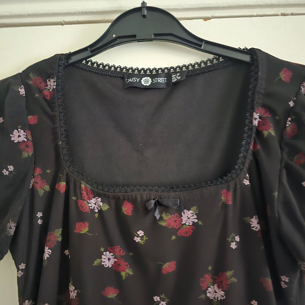 Daisy Street Black Floral Mesh Midi Dress UK 10, summer, festival, holiday boho