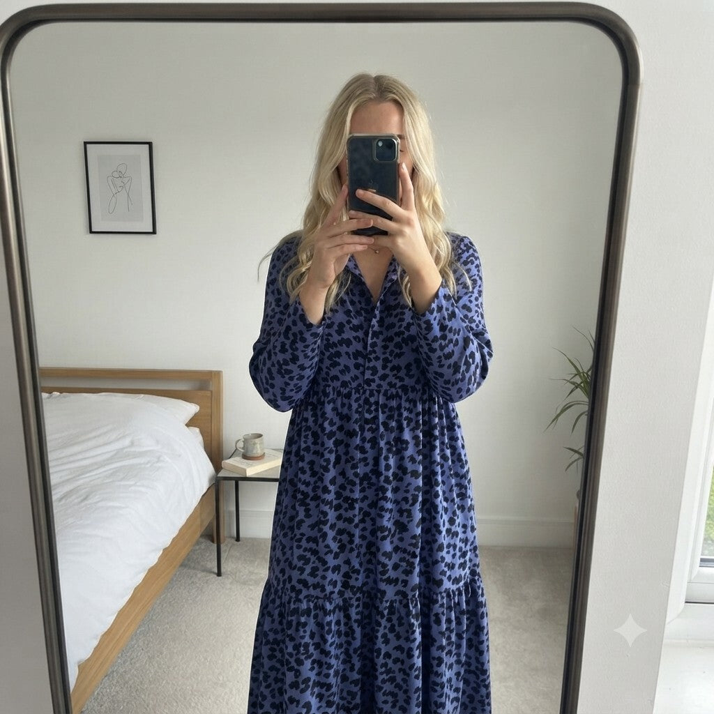 John Lewis Blue and Black Animal Print Long Sleeve Midi Shirt Dress Size 14