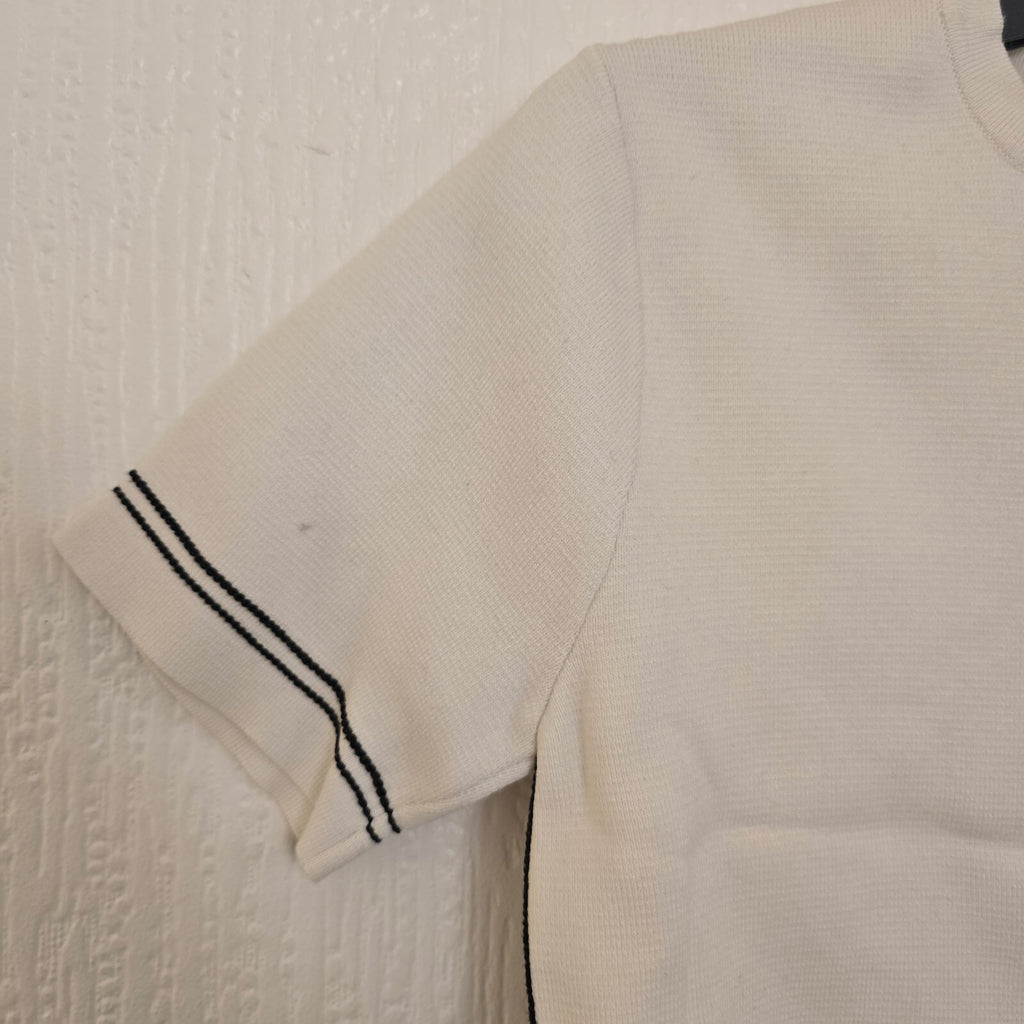 Zara Cream Short Sleeve Knit Top with Black Stitch Detailing, Size L
