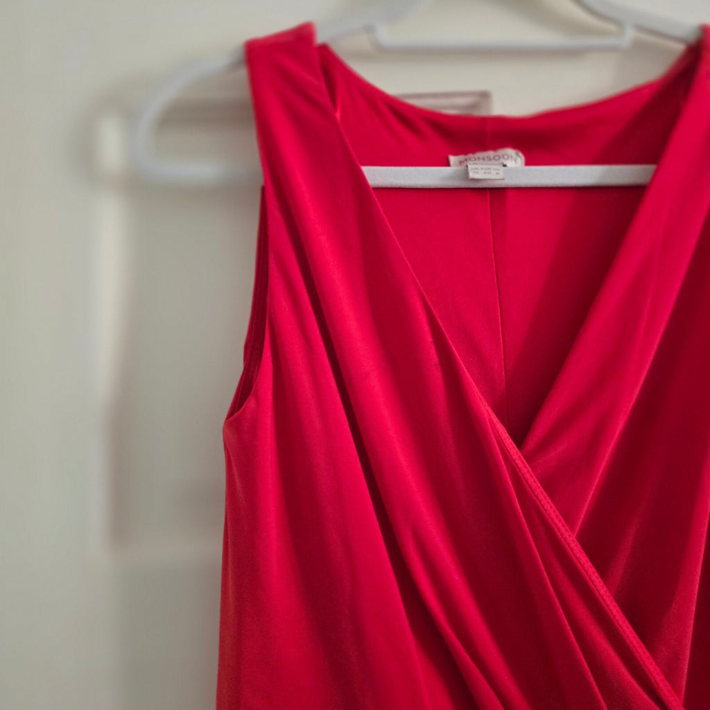 Monsoon Red Sleeveless Peplum Dress UK Size 12, BNWOT, V neck, Drape