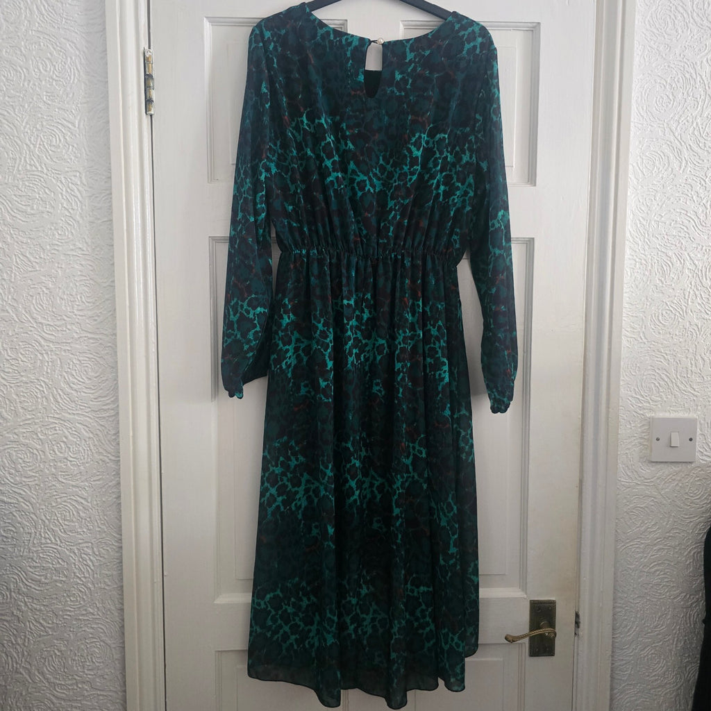 IZABEL London Green and Brown Animal Print Long Sleeve Dip Hem Dress size 12